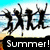 Four silhouetted figures jump against a beach backdrop with 'Summer!' text below, while hands hold objects in the top-right corner.