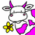 A cartoon cow with pink spots and purple horns holds a yellow flower, displaying text changes