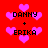 Red background with pink hearts and black text reading 'DANNY + ERIKA' in four quadrants.