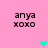 Pink background with four instances of 'anya xoxo' text and three pixelated hearts in cyan and light blue.
