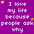 Purple background with repeated white text "I love my life because people ask why" and scattered yellow stars.