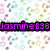 Pixelated icon with four distinct sections: top-left text 'Jasmine 838', top-right red dots forming '.is.', bottom-left blue text '..simply..', and bottom-right green text 'AWESOME.' over a rainbow swirl background.