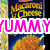Animated sequence showing a Macaroni & Cheese box with 'YUMMY' text overlay, transitioning between two states.