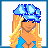 A 4x4 contact sheet of pixel art frames showing a blonde character in blue clothing with changing poses and text phrases, including partial views of the body and a white dress-like shape.