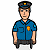 Pixelated icon of a police officer in blue uniform with yellow badge, dark cap, and belt against white background.
