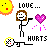Pixel art icon showing a stick figure with brown hair holding a flag, next to a yellow sun and pink heart symbol with text reading LOVE... HURTS.