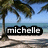Pixelated beach scene with palm tree, blue sky, ocean horizon, and white sand under a black text box reading 'michelle' in lowercase letters.