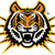 Pixelated tiger head with orange, black, and white stripes, open mouth showing teeth, surrounded by radiating yellow-orange lines on white background.