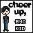 Pixel art character with black hair and dark shirt stands beside text 'cheer up,' 'BMD', and 'KD' on white background, showing subtle animation changes in blue accents.