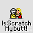 Pixel art of two figures embracing, one with white hair and yellow shirt, the other with blonde hair and red top; text below reads 'Is Scratch Mybutt!' in black pixel font.