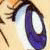 A close-up of a stylized eye with a blue iris and white sclera, set against a light beige background with brown eyelashes and eyebrow.