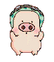 A small cartoon pig with a green spotted helmet and goggles appears in multiple poses against a gray background.