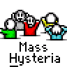 A contact sheet of 8 animated frames showing pixelated stick figures in green, red, and blue shirts performing synchronized movements with white circular heads against a gray background, each frame labeled "Mass Hysteria" below the animation sequence.