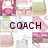Pixelated collage of pastel-colored objects surrounding the word 'COACH' in dark purple block letters on a white background.
