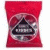 Red package with transparent window showing dark triangular candies, brown chocolate truffles with red centers, and text reading 'cheery truffles 4$' and 'kiss bag 2$'.