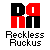 Pixelated graphic with red and black geometric shapes forming stylized letters above 'Reckless Ruckus' text on gray background.