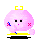Four pixelated pink character icons with yellow base and top accents, showing sequential pose and expression changes against gray background.