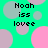 Pixelated text 'Noah iss lovee' appears over a background of overlapping pink and gray circles on a bright green field.