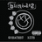 Pixelated grayscale icon with circular design and text above, surrounded by pink pixelated text on black background.