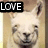 Pixelated image of a light-colored animal face with a black rectangular banner containing the word LOVE in white capital letters at the top left.
