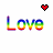 Six 'Love' text icons with rainbow gradient lettering, each paired with a distinct pixelated heart symbol above or below.