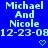 Blue background with light blue pixelated text reading "Michael And Nicole 12-23-08" and two green pixelated hearts below.