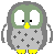 Pixelated owl with green head, gray body, yellow beak and feet, white eyes, black pupils, and plus-sign pattern on chest in six sequential poses showing head rotation from front to side.