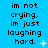 Blue background with black pixelated text reading "im not crying, im just laughing hard." and small white star-like symbols in various positions.