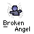 Pixelated angel figure with broken wings and text 'Broken Angel' on gray background.