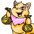 A 4x4 contact sheet of a yellow cartoon Wocky character from Neopets holding two brown money bags with gold coins, wearing a pink bandana and an eye patch, displayed in multiple identical frames.