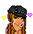 Pixel art character with long brown hair, black cap, and black outfit surrounded by colored hearts.