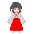 Pixel art character with dark hair, purple eyes, red and white clothing, two expressions on gray background.