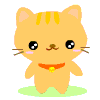 A kawaii orange cat with yellow stripes stands on a light green base, wearing an orange collar with a yellow bell, showing four distinct facial expressions.