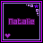 A 4x3 contact sheet of 12 animated frames showing a pixel art buddy icon with the name Natalie in purple text, pink heart symbol, and decorative corner elements on black background.