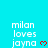 A static image with cyan background displaying 'milan loves jayna' text and red heart symbols in a