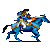 Pixelated animation of a rider on a blue horse in six sequential poses showing forward motion.