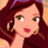 Pixelated close-up of a character with long dark red hair, brown eyes, and pink lips against an orange background.