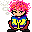 Pixel art character with pink spiky hair, yellow and blue vest over purple shirt, red sleeves, black pants; show smoke bubble changes
