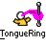 Pixel art animation featuring a yellow stick figure with white head and pink tongue interacting with a metallic ring on gray background, accompanied by text elements.