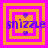 Four square display a pixelated 'snizzle' text with purple hearts above and below, set against orange and pink concentric squares on a bright pink background