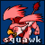 Pixelated animated buddy icon featuring a red and pink bird-like creature with white wings, yellow feet, and a red tail feather, shown in two sequential frames against a solid blue background with the text "squawk" at the bottom.
