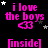 Pixelated pink text and symbols on black background with animated star positions, showing repeated 'i love the boys' phrases and '[inside]' brackets.