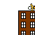 Animated sequence showing a yellow character dropping from brown buildings with red fire effects and text labels.