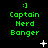 Green pixelated text 'Captain Herd Banger' with ':]' above, on black background with white star-like shapes, animated star positions shift across frames.
