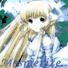anime-style character with long blonde hair, blue dress, and white wings against green background; text 'Mosmerile' repeated at bottom
