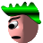 Pixelated cartoon face with pink skin, brown hair, and a green crown-like hat, showing a surprised expression against a gray background.