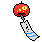 Four pixel-art icons of red spherical objects with yellow spots on white cylindrical bases with blue stripes, arranged in two on gray background