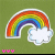 Pixelated rainbow arch with white cloud and pink text on green background.