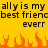 Yellow background with black pixelated text reading "ally is my best friend ever" repeated twice, orange flame-like shapes at the bottom.