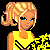 Pixelated character with blonde hair in a ponytail wearing yellow cheerleading outfit, holding yellow pom-poms against black background.